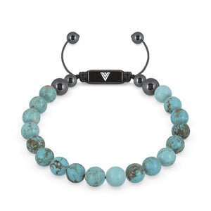 Front view of an 8mm Turquoise crystal beaded shamballa bracelet with black stainless steel logo bead made by Voltlin