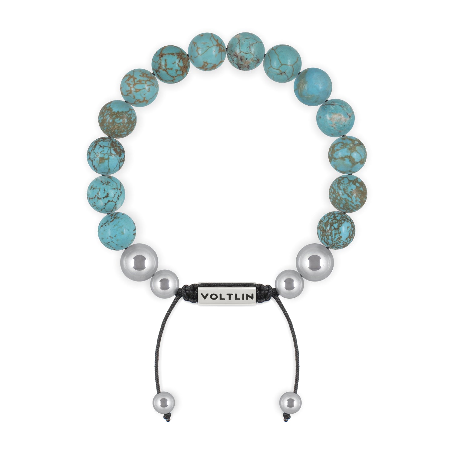 Top view of a 10mm Turquoise beaded shamballa bracelet with silver stainless steel logo bead made by Voltlin