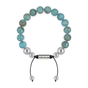 Top view of a 10mm Turquoise beaded shamballa bracelet with silver stainless steel logo bead made by Voltlin