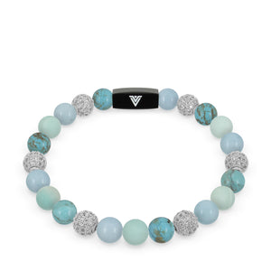 Front view of an 8mm Turquoise Sirius beaded stretch bracelet featuring Turquoise, Silver Pave, Aquamarine, & Matte Amazonite crystal and black stainless steel logo bead made by Voltlin