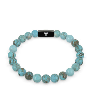 Front view of an 8mm Turquoise crystal beaded stretch bracelet with black stainless steel logo bead made by Voltlin