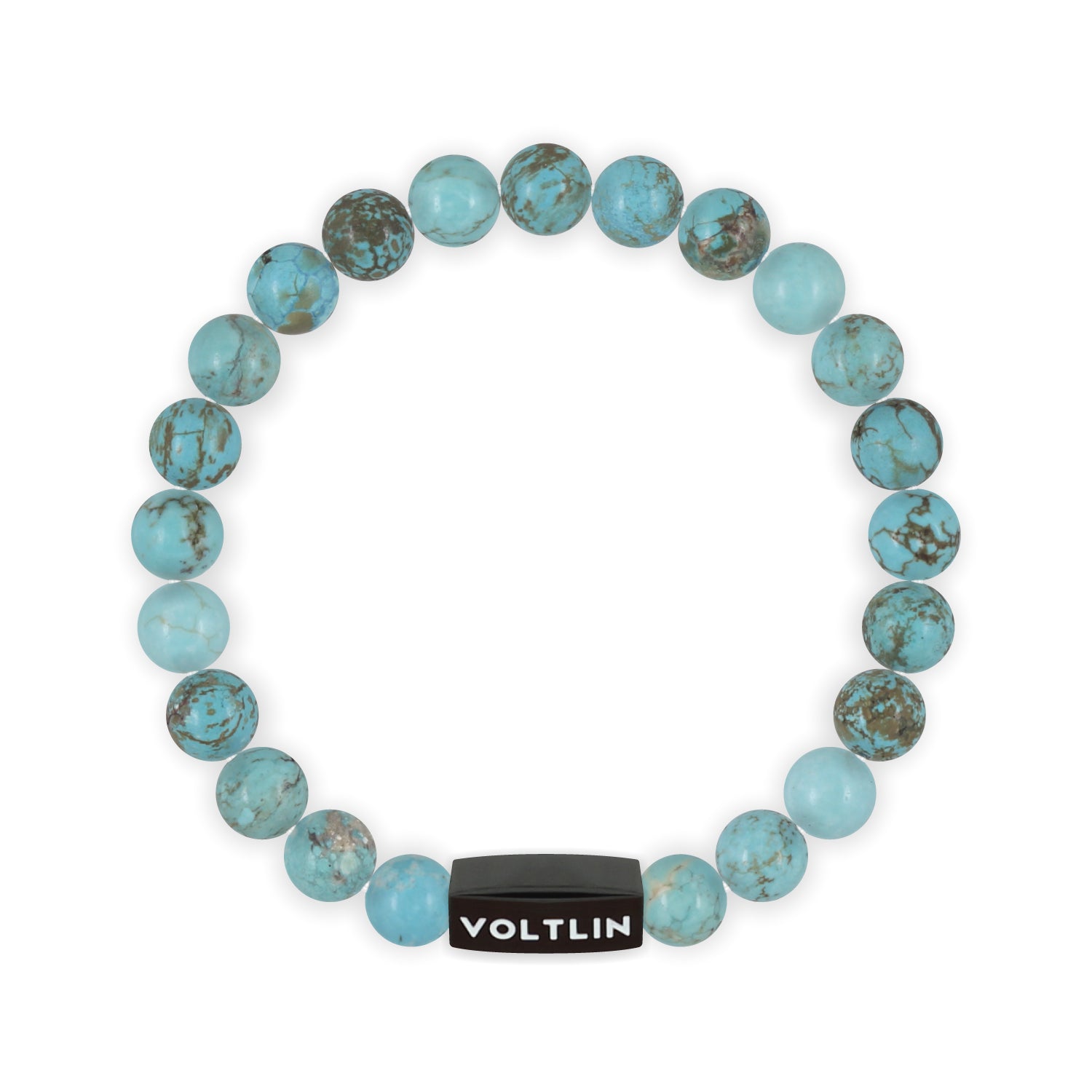 Top view of an 8mm Turquoise crystal beaded stretch bracelet with black stainless steel logo bead made by Voltlin