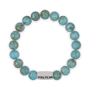 Top view of a 10mm Turquoise beaded stretch bracelet with silver stainless steel logo bead made by Voltlin