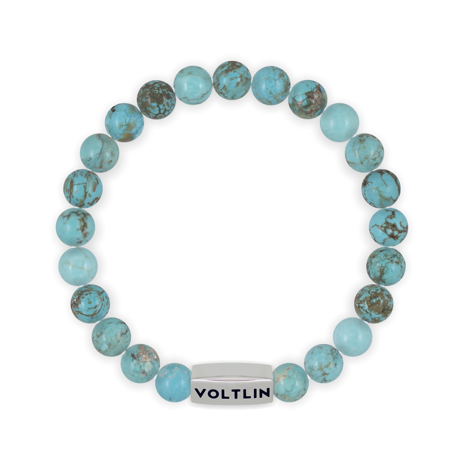 Front view of an 8mm Turquoise beaded stretch bracelet with silver stainless steel logo bead made by Voltlin