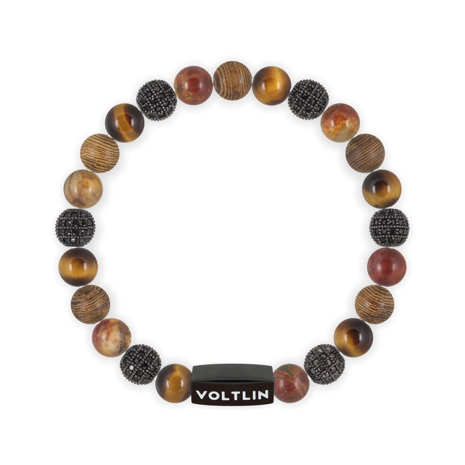 Top view of an 8 mm Umber Sirius beaded stretch bracelet featuring Yellow Tiger’s Eye, Black Pave, Red Creek Jasper, & Wood crystal and black stainless steel logo bead made by Voltlin