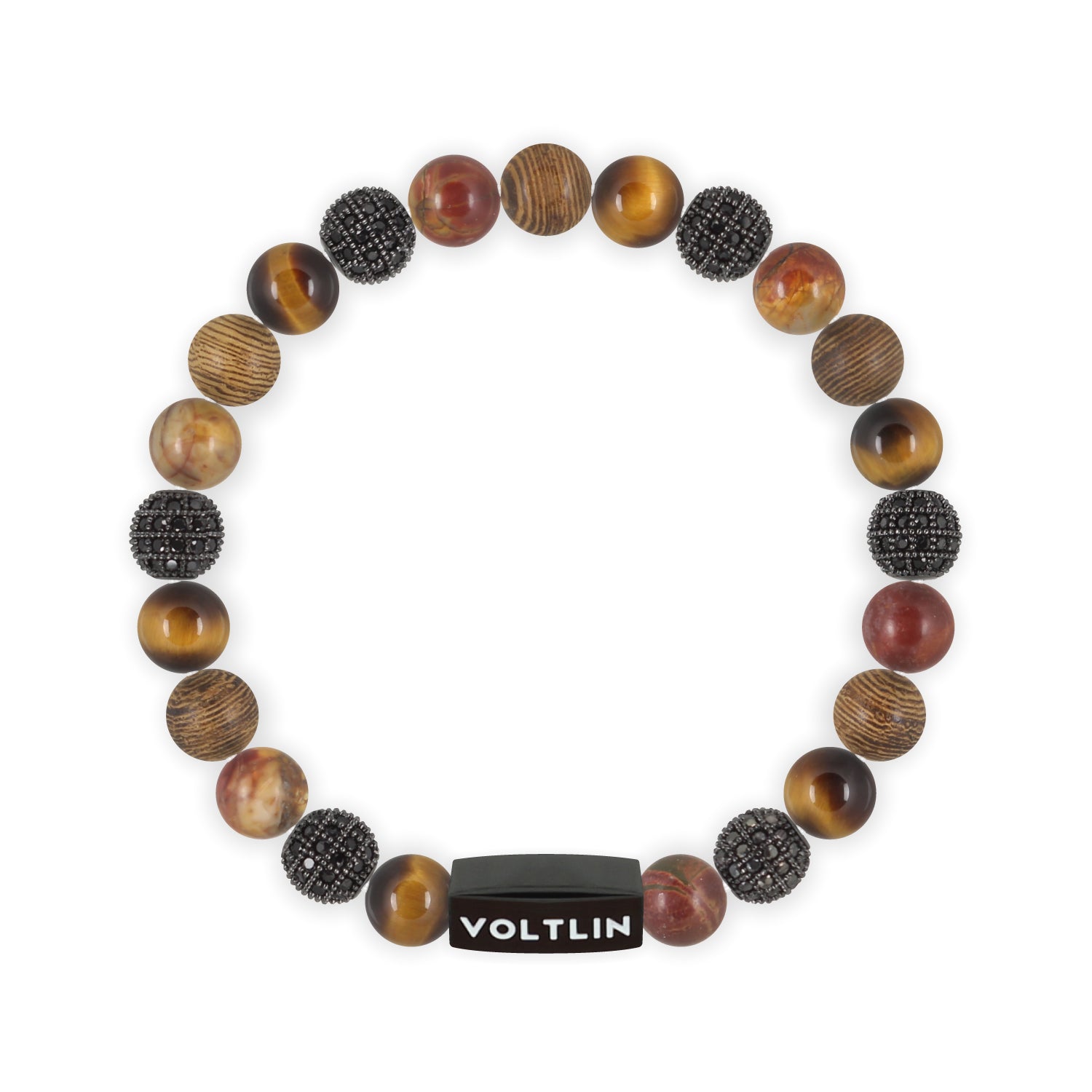 Front view of an 8mm Umber Sirius beaded stretch bracelet featuring Yellow Tiger’s Eye, Black Pave, Red Creek Jasper, & Wood crystal and black stainless steel logo bead made by Voltlin