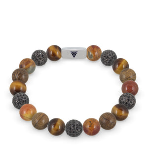 Front view of a 10mm Umber Sirius beaded stretch bracelet featuring Yellow Tiger’s Eye, Black Pave, Red Creek Jasper, & Wood crystal and silver stainless steel logo bead made by Voltlin