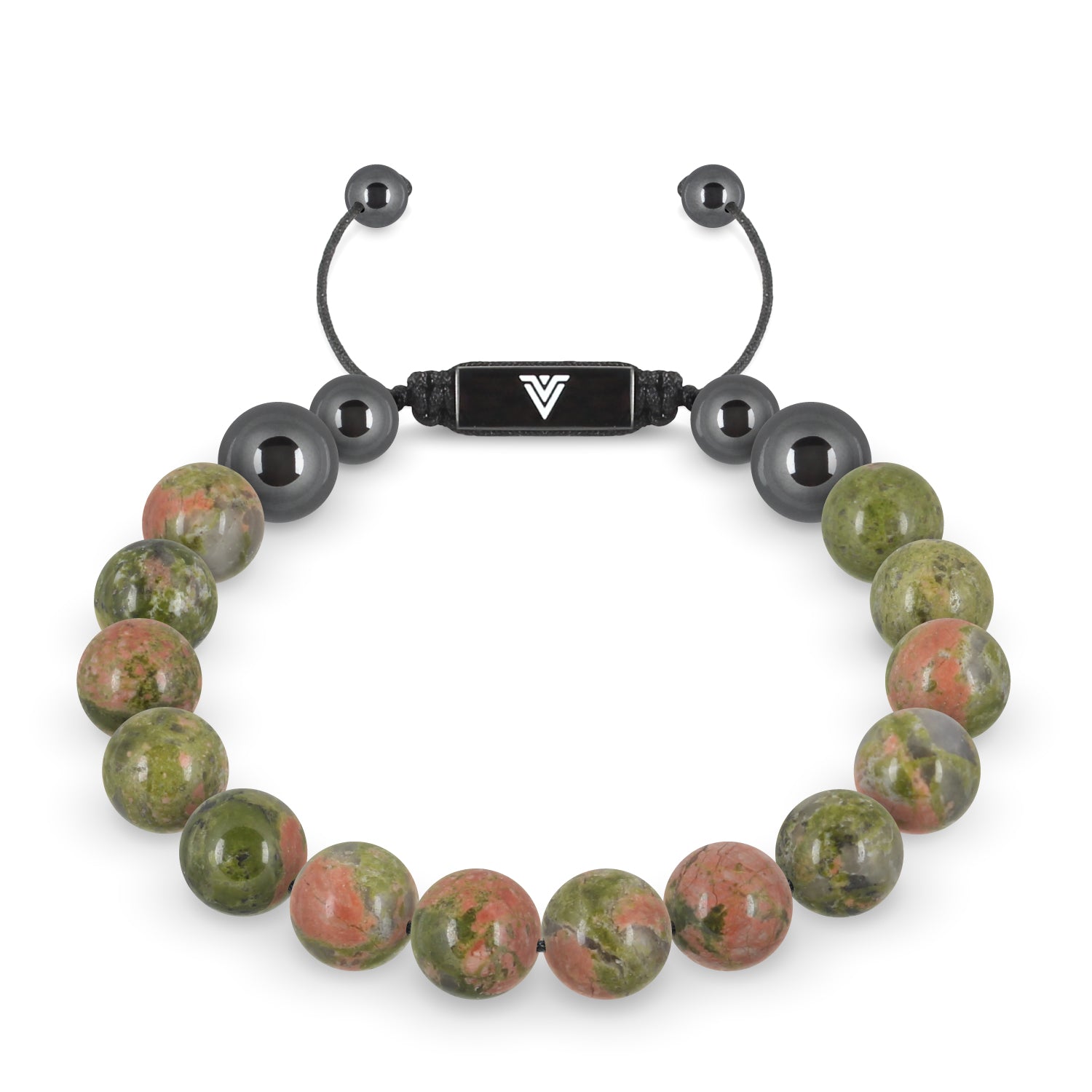 Front view of a 10mm Unakite crystal beaded shamballa bracelet with black stainless steel logo bead made by Voltlin