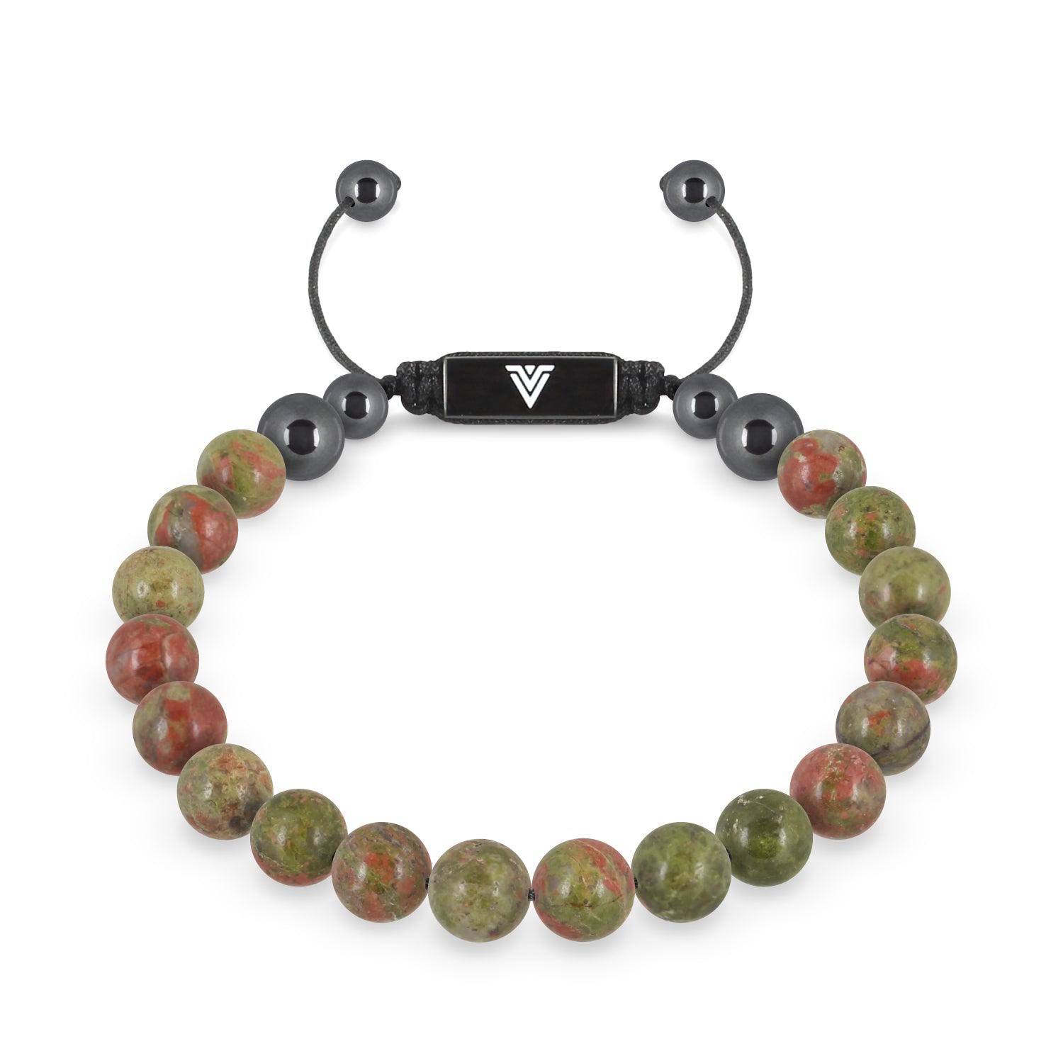 Front view of an 8mm Unakite crystal beaded shamballa bracelet with black stainless steel logo bead made by Voltlin