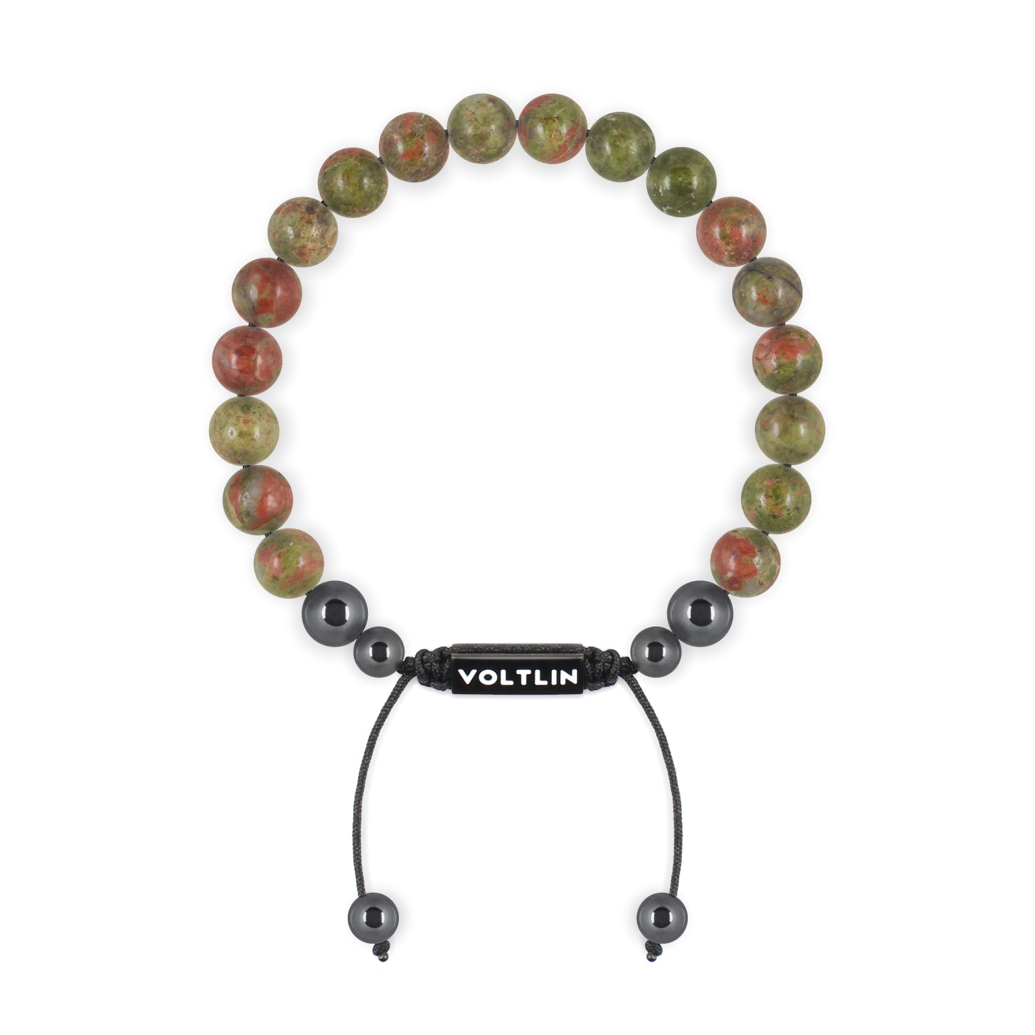 Front view of an 8mm Unakite crystal beaded shamballa bracelet with black stainless steel logo bead made by Voltlin