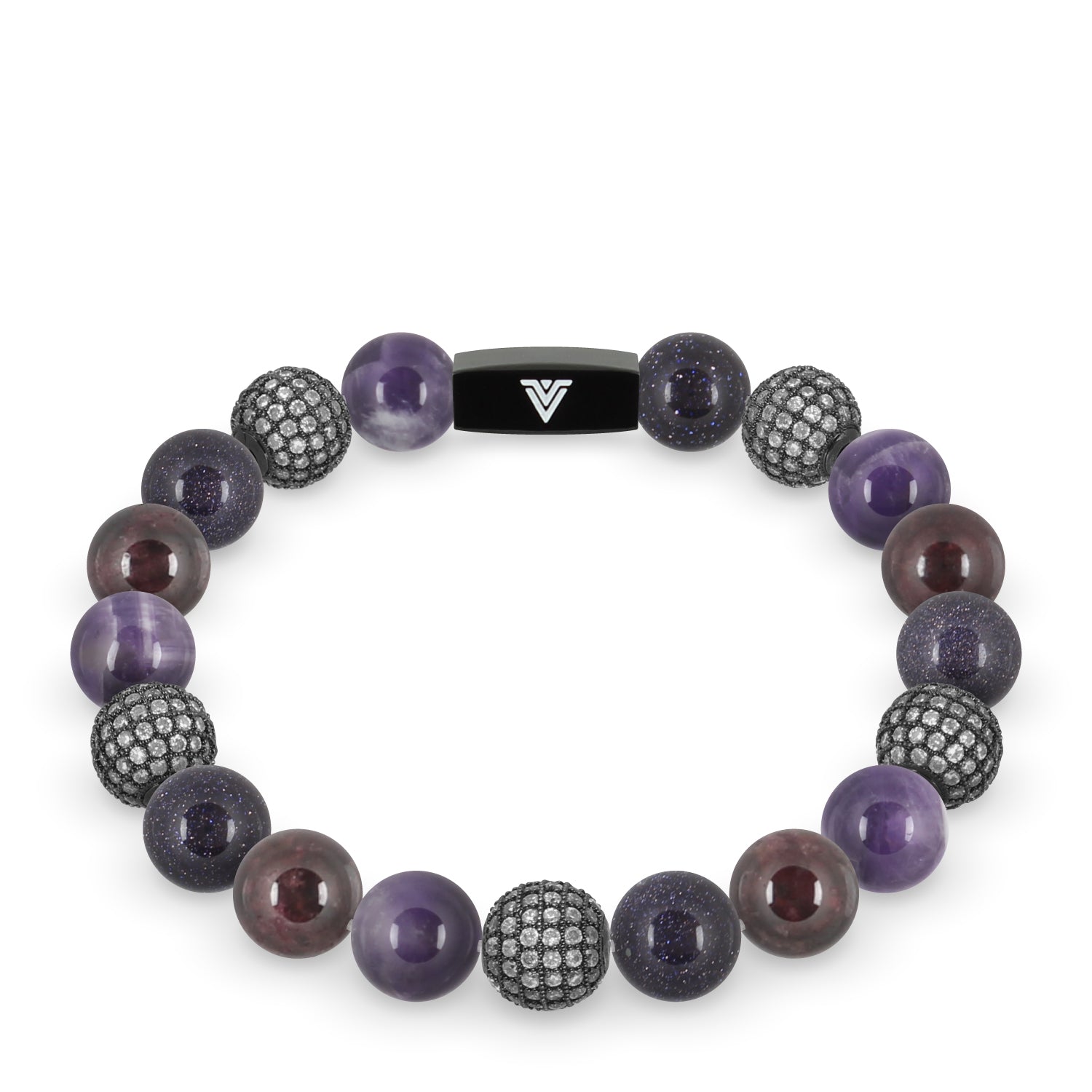 Front view of a 10 mm Violet Sirius beaded stretch bracelet featuring Amethyst, Steel Pave, Blue Goldstone, & Smooth Garnet crystal and black stainless steel logo bead made by Voltlin