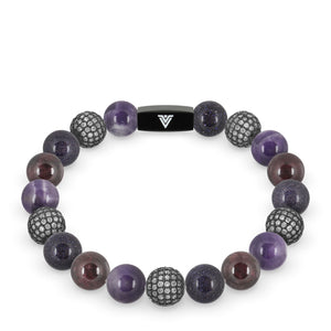 Front view of a 10 mm Violet Sirius beaded stretch bracelet featuring Amethyst, Steel Pave, Blue Goldstone, & Smooth Garnet crystal and black stainless steel logo bead made by Voltlin