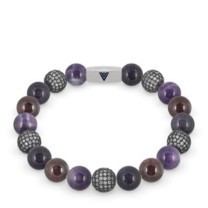 Front view of a 10mm Violet Sirius beaded stretch bracelet featuring Amethyst, Steel Pave, Blue Goldstone, & Smooth Garnet crystal and silver stainless steel logo bead made by Voltlin