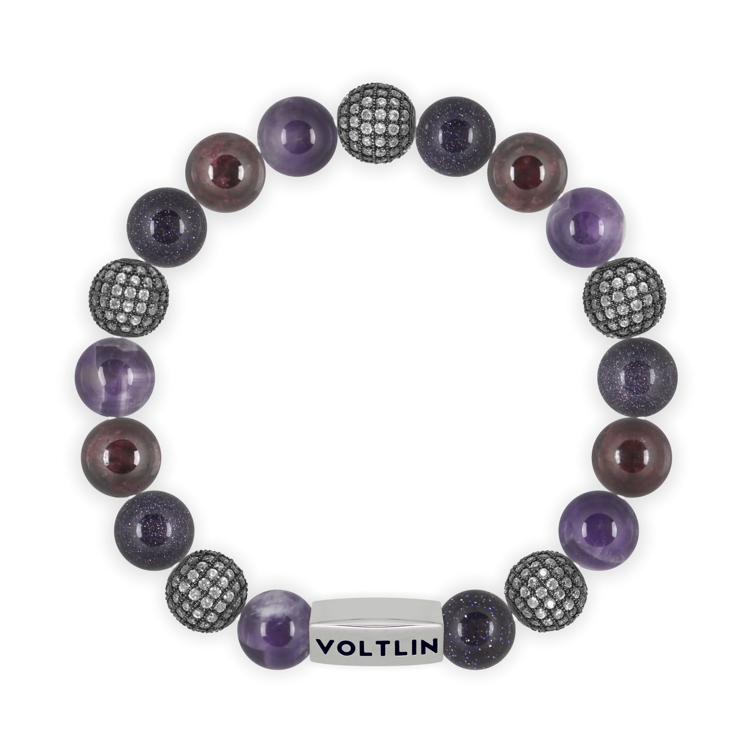 Top view of a 10mm Violet Sirius beaded stretch bracelet featuring Amethyst, Steel Pave, Blue Goldstone, & Smooth Garnet crystal and silver stainless steel logo bead made by Voltlin