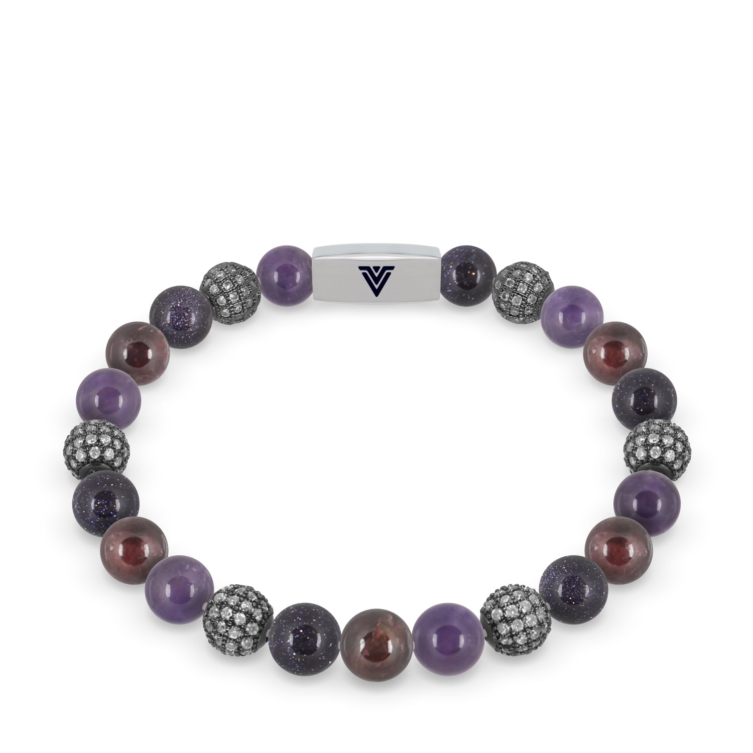 Front view of an 8mm Violet Sirius beaded stretch bracelet featuring Amethyst, Steel Pave, Blue Goldstone, & Smooth Garnet crystal and silver stainless steel logo bead made by Voltlin