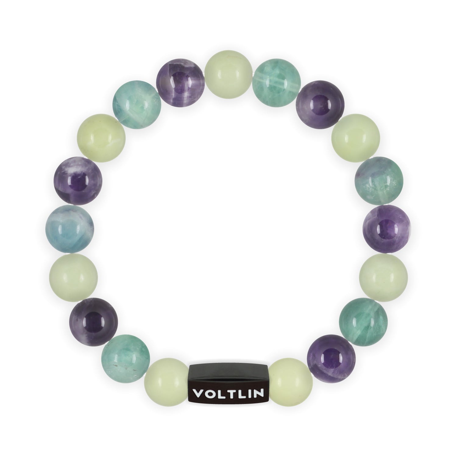 Top view of a 10mm Virgo Zodiac crystal beaded stretch bracelet with black stainless steel logo bead made by Voltlin