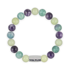 Top view of a 10mm Virgo Zodiac beaded stretch bracelet featuring Jade, Fluorite, & Amethyst crystal and silver stainless steel logo bead made by Voltlin