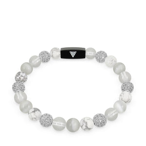 Front view of an 8mm White Sirius beaded stretch bracelet featuring Howlite, Silver Pave, Quartz, & Selenite crystal and black stainless steel logo bead made by Voltlin