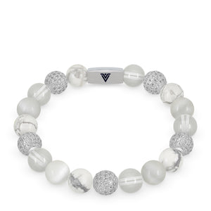 Front view of a 10mm White Sirius beaded stretch bracelet featuring Howlite, Silver Pave, Quartz, & Selenite crystal and silver stainless steel logo bead made by Voltlin