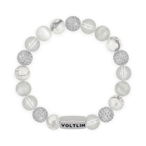Top view of a 10mm White Sirius beaded stretch bracelet featuring Howlite, Silver Pave, Quartz, & Selenite crystal and silver stainless steel logo bead made by Voltlin