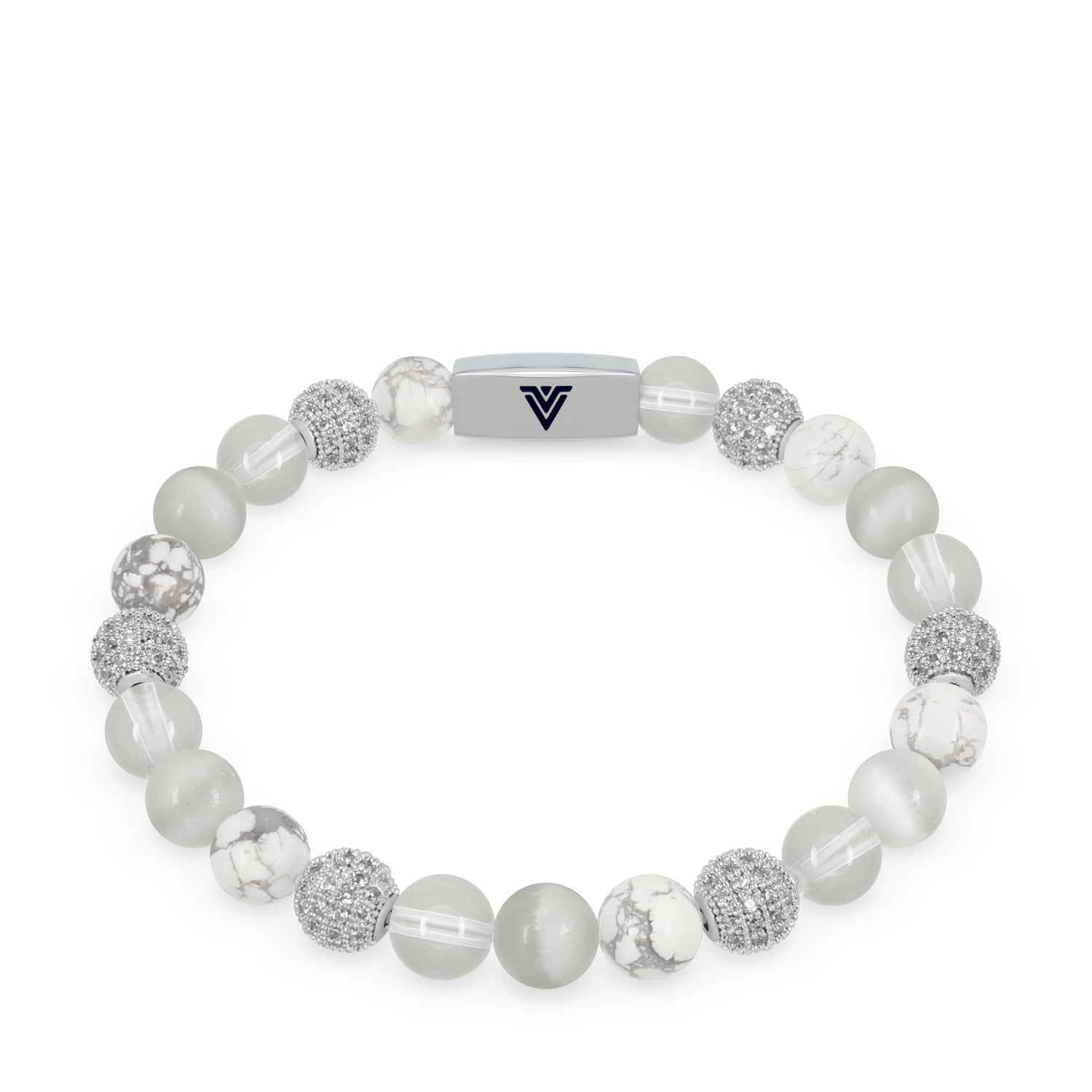 Front view of an 8mm White Sirius beaded stretch bracelet featuring Howlite, Silver Pave, Quartz, & Selenite crystal and silver stainless steel logo bead made by Voltlin