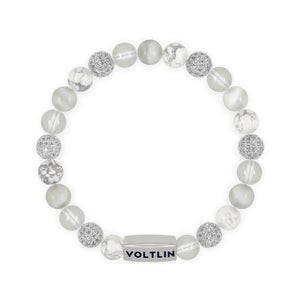 Top view of an 8mm White Sirius beaded stretch bracelet featuring Howlite, Silver Pave, Quartz, & Selenite crystal and silver stainless steel logo bead made by Voltlin