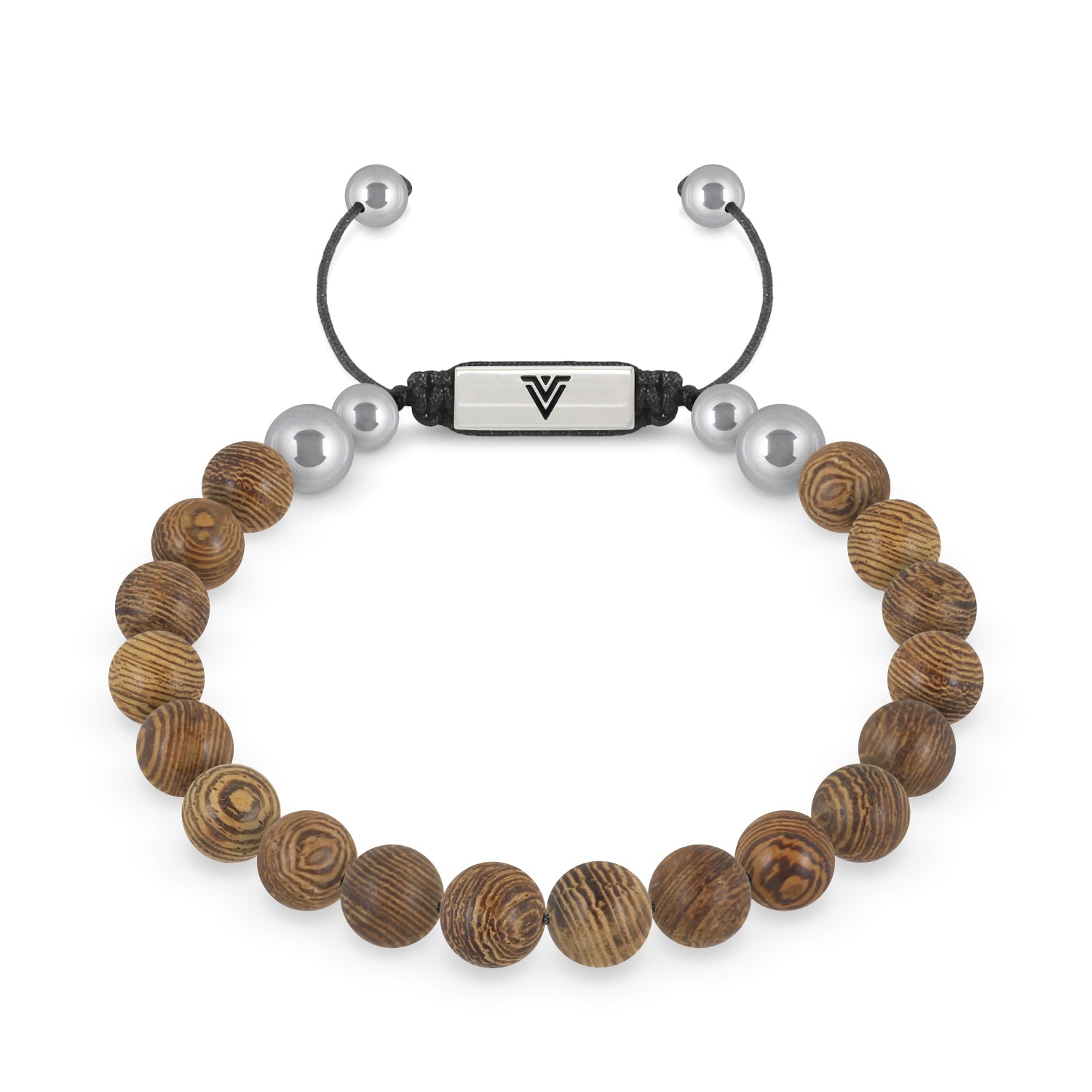 Front view of an 8mm Wedge Wood beaded shamballa bracelet with silver stainless steel logo bead made by Voltlin