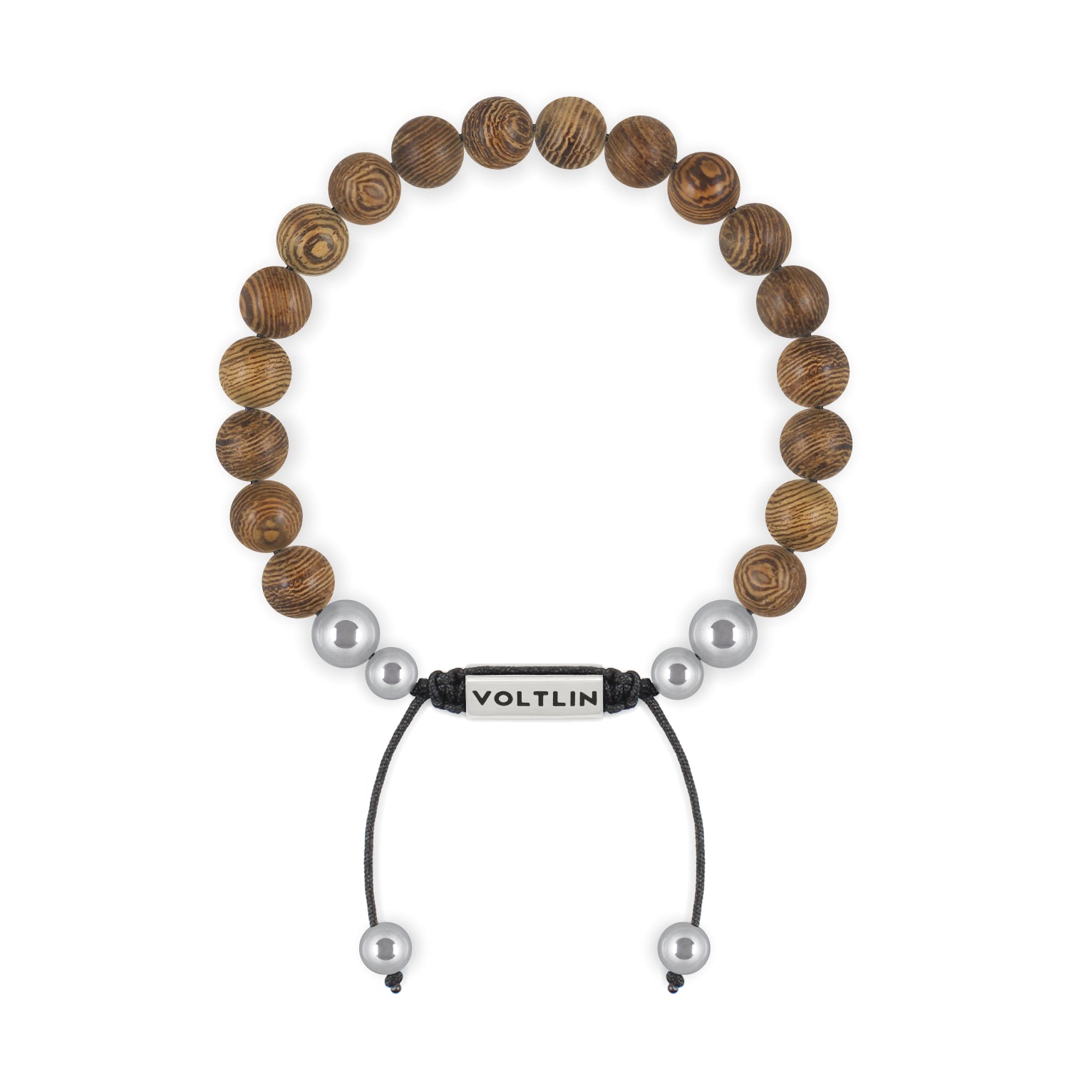 Top view of an 8mm Wedge Wood beaded shamballa bracelet with silver stainless steel logo bead made by Voltlin