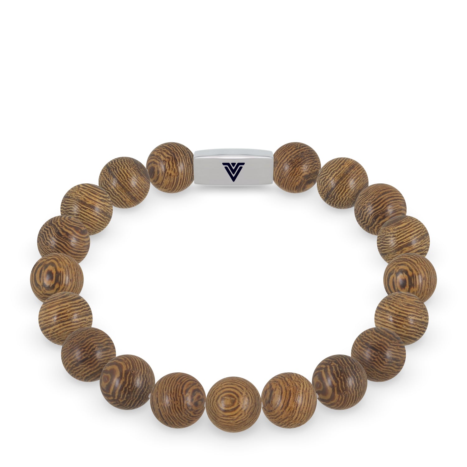 Front view of a 10mm Wedge Wood beaded stretch bracelet with silver stainless steel logo bead made by Voltlin