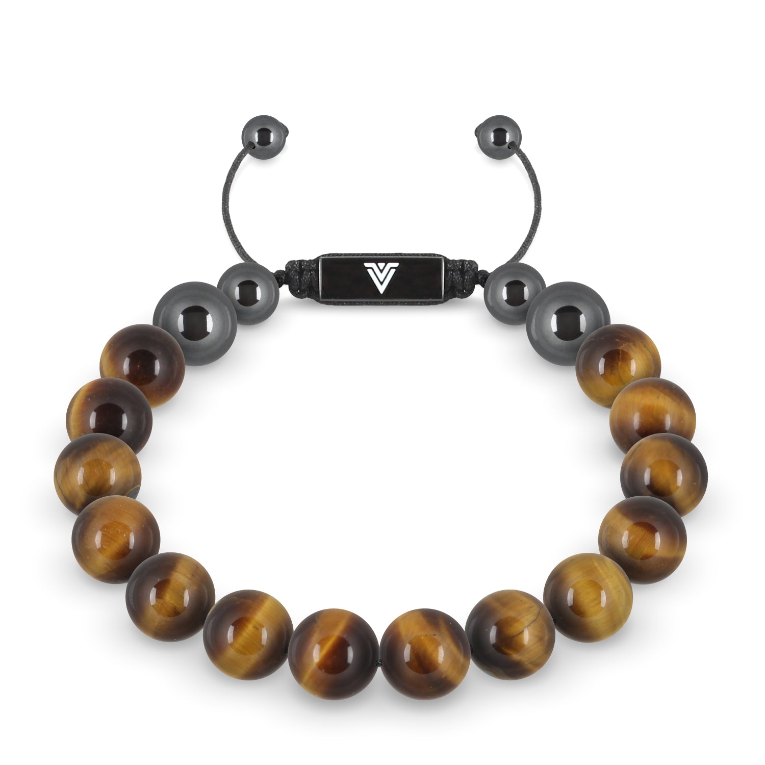 Front view of a 10mm Yellow Tigers Eye crystal beaded shamballa bracelet with black stainless steel logo bead made by Voltlin