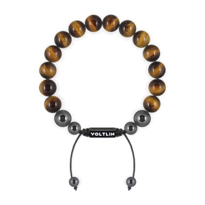 Top view of a 10mm Yellow Tigers Eye crystal beaded shamballa bracelet with black stainless steel logo bead made by Voltlin