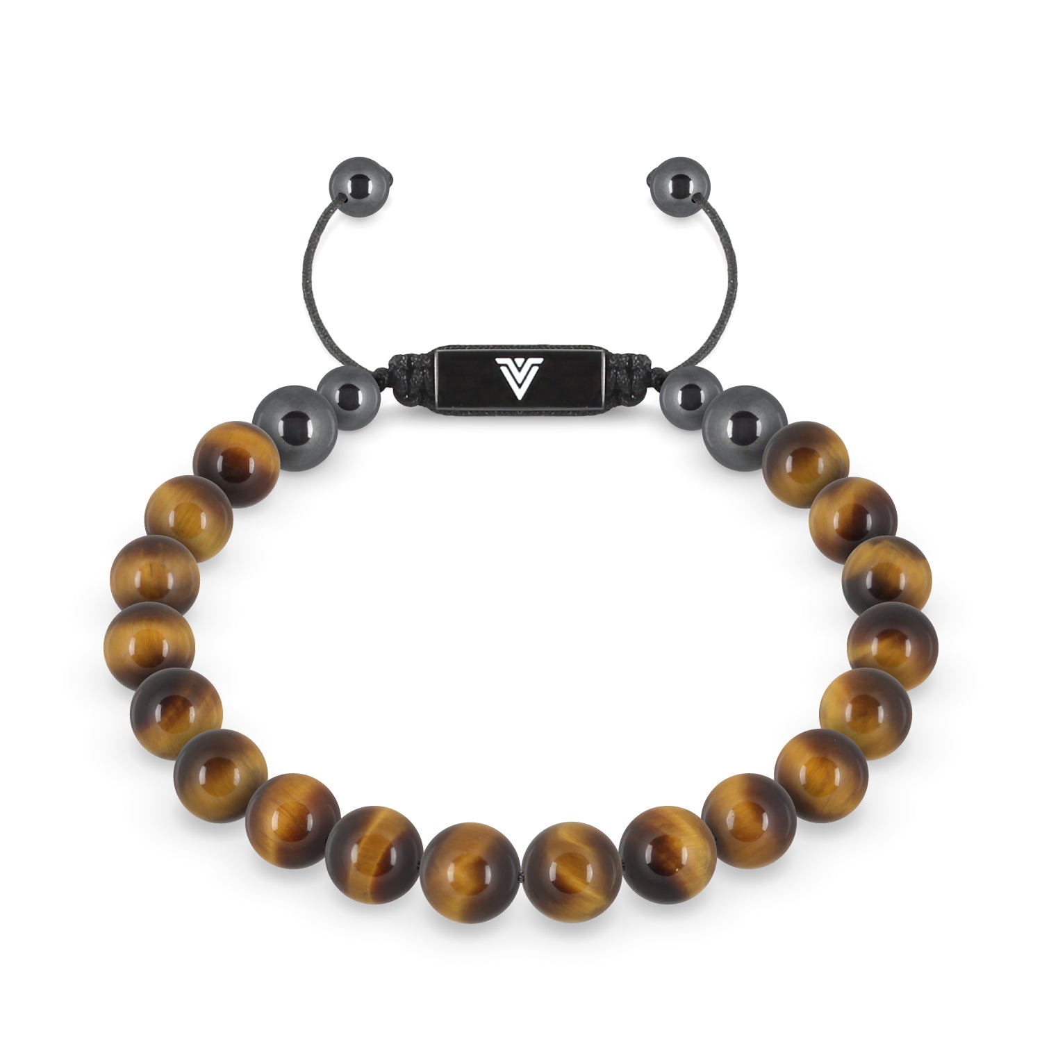 Front view of an 8mm Yellow Tigers Eye crystal beaded shamballa bracelet with black stainless steel logo bead made by Voltlin