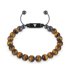 Front view of an 8mm Yellow Tigers Eye crystal beaded shamballa bracelet with black stainless steel logo bead made by Voltlin