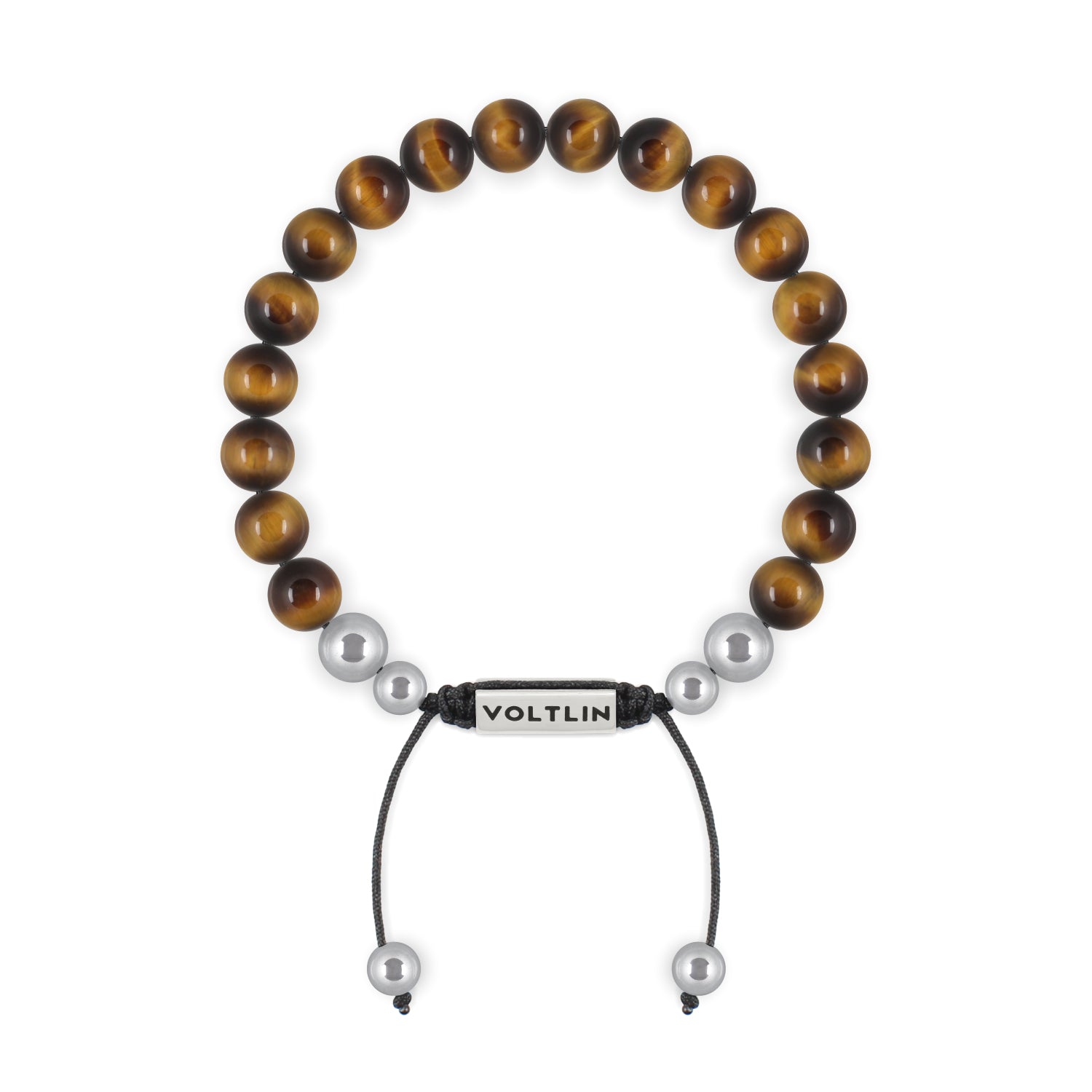 Front view of an 8mm Yellow Tiger's Eye beaded shamballa bracelet with silver stainless steel logo bead made by Voltlin