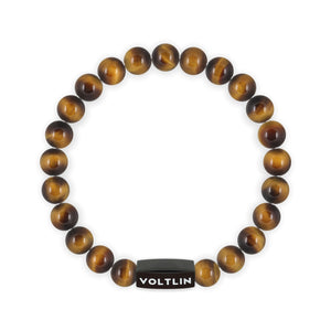 Top view of an 8mm Yellow Tigers Eye crystal beaded stretch bracelet with black stainless steel logo bead made by Voltlin
