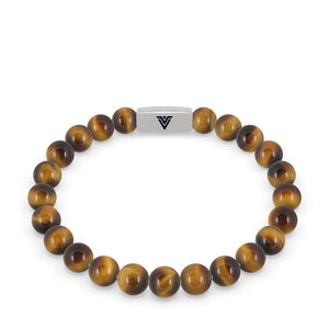 Front view of an 8mm Yellow Tiger's Eye beaded stretch bracelet with silver stainless steel logo bead made by Voltlin