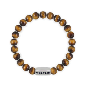 Top view of an 8mm Yellow Tiger's Eye beaded stretch bracelet with silver stainless steel logo bead made by Voltlin