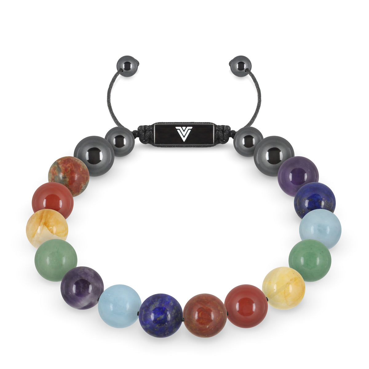Front view of a 10mm 7 Chakra beaded shamballa bracelet featuring Red Creek Jasper, Carnelian, Citrine, Green Aventurine, Aquamarine, Lapis Lazuli, & Amethyst crystal and black stainless steel logo bead made by Voltlin