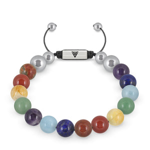 Front view of a 10mm 7 Chakra beaded shamballa bracelet featuring Red Creek Jasper, Carnelian, Citrine, Green Aventurine, Aquamarine, Lapis Lazuli, & Amethyst crystal and silver stainless steel logo bead made by Voltlin