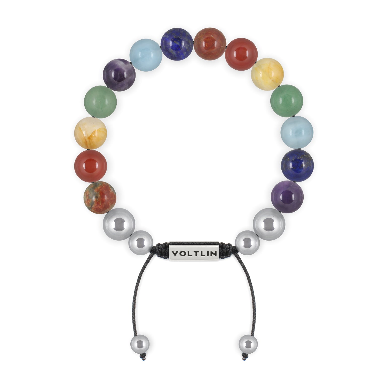 Top view of a 10mm 7 Chakra beaded shamballa bracelet featuring Red Creek Jasper, Carnelian, Citrine, Green Aventurine, Aquamarine, Lapis Lazuli, & Amethyst crystal and silver stainless steel logo bead made by Voltlin