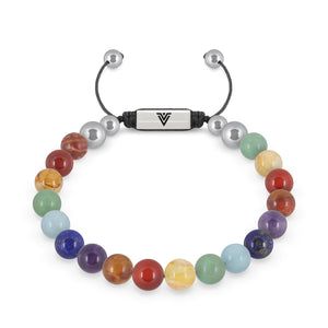 Front view of an 8mm 7 Chakra beaded shamballa bracelet featuring Red Creek Jasper, Carnelian, Citrine, Green Aventurine, Aquamarine, Lapis Lazuli, & Amethyst crystal and silver stainless steel logo bead made by Voltlin