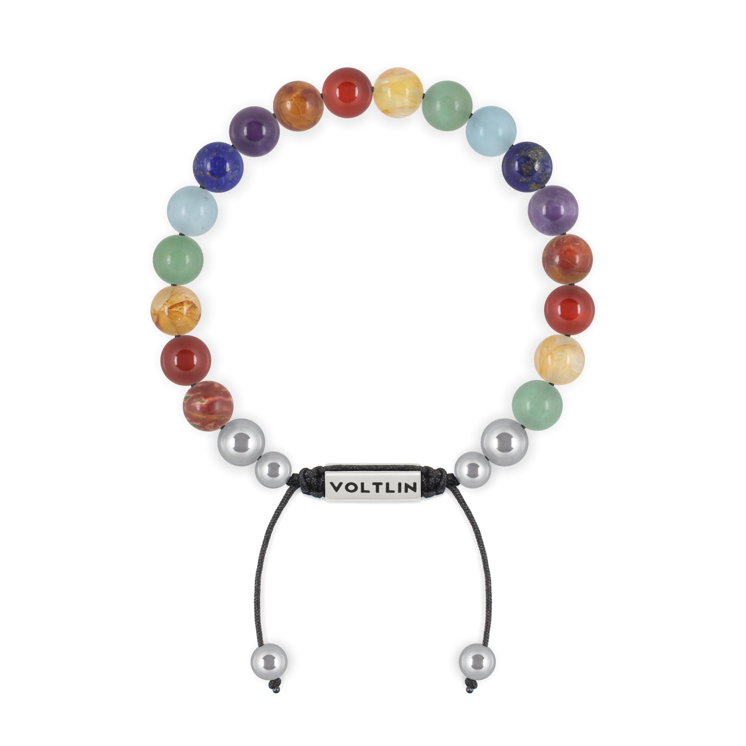 Front view of an 8mm 7 Chakra beaded shamballa bracelet featuring Red Creek Jasper, Carnelian, Citrine, Green Aventurine, Aquamarine, Lapis Lazuli, & Amethyst crystal and silver stainless steel logo bead made by Voltlin