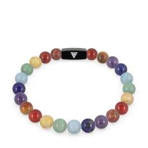 Front view of an 8mm 7 Chakra beaded stretch bracelet featuring Red Creek Jasper, Carnelian, Citrine, Green Aventurine, Aquamarine, Lapis Lazuli, & Amethyst crystal and black stainless steel logo bead made by Voltlin