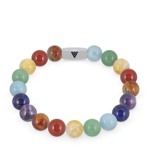 Front view of a 10mm 7 Chakra beaded stretch bracelet featuring Red Creek Jasper, Carnelian, Citrine, Green Aventurine, Aquamarine, Lapis Lazuli, & Amethyst crystal and silver stainless steel logo bead made by Voltlin