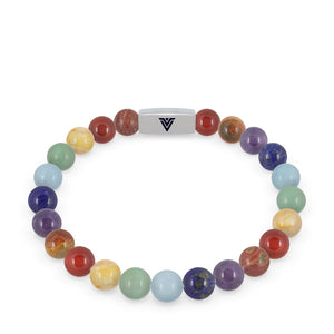 Front view of an 8mm 7 Chakra beaded stretch bracelet featuring Red Creek Jasper, Carnelian, Citrine, Green Aventurine, Aquamarine, Lapis Lazuli, & Amethyst crystal and silver stainless steel logo bead made by Voltlin