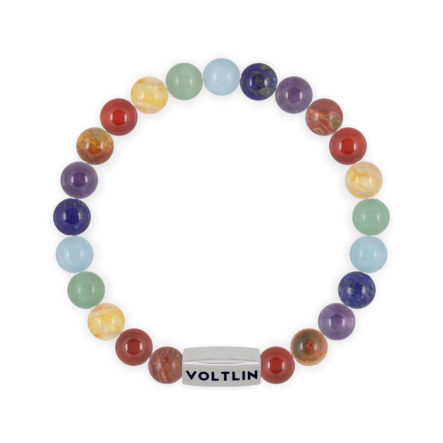 Front view of an 8mm 7 Chakra beaded stretch bracelet featuring Red Creek Jasper, Carnelian, Citrine, Green Aventurine, Aquamarine, Lapis Lazuli, & Amethyst crystal and silver stainless steel logo bead made by Voltlin