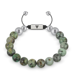 Front view of a 10mm African Turquoise beaded shamballa bracelet with silver stainless steel logo bead made by Voltlin