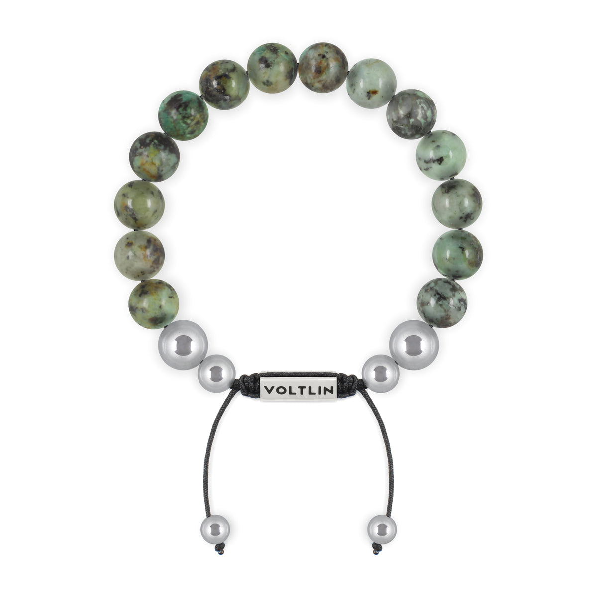 Top view of a 10mm African Turquoise beaded shamballa bracelet with silver stainless steel logo bead made by Voltlin