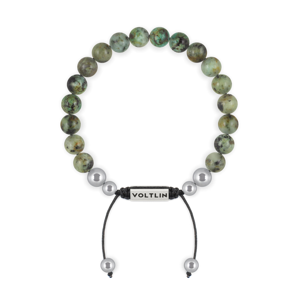 Top view of an 8mm African Turquoise beaded shamballa bracelet with silver stainless steel logo bead made by Voltlin
