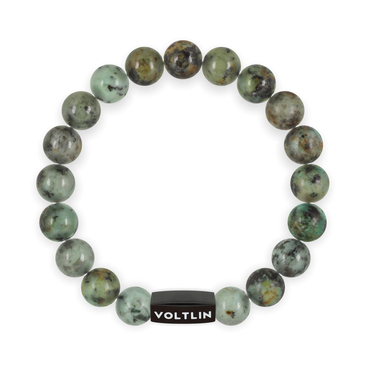 Top view of a 10mm African Turquoise crystal beaded stretch bracelet with black stainless steel logo bead made by Voltlin